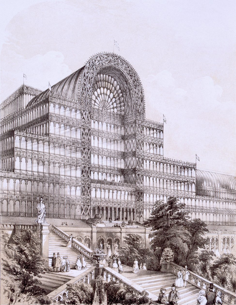 Crystal Palace in Sydenham, de voorkant van het Grote Transept, ca. 1851-55 door Thomas Hosmer Shepherd