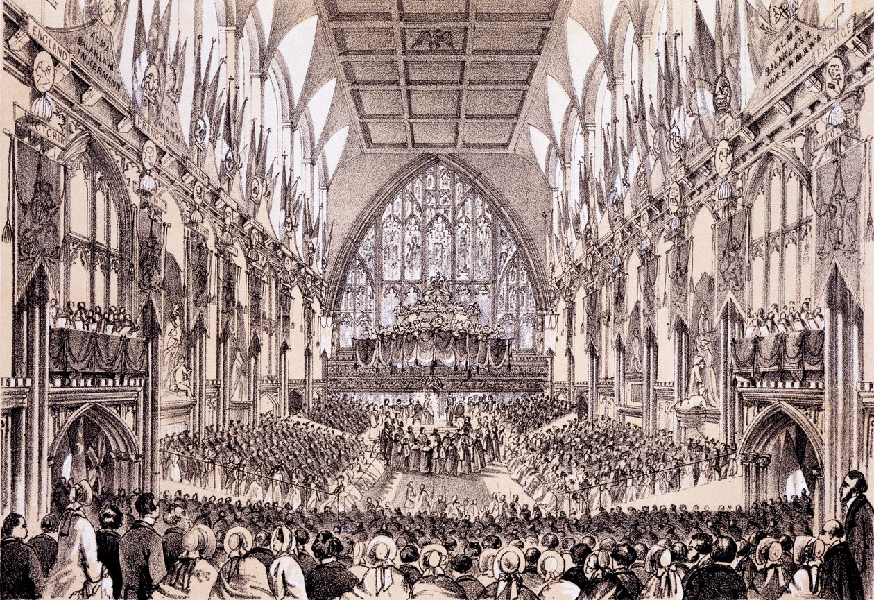 Interieur van het Guildhall - De Lord Mayor en Corporation presenteren hun adres aan de keizer en keizerin van Frankrijk, 19 april 1855 door Thomas Hosmer Shepherd