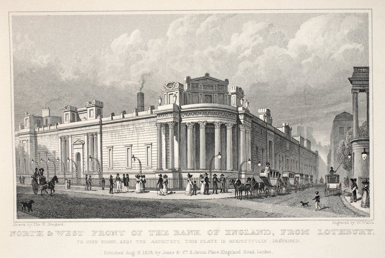 Noord- en westzijde van de Bank of England vanaf Lothbury, uit 