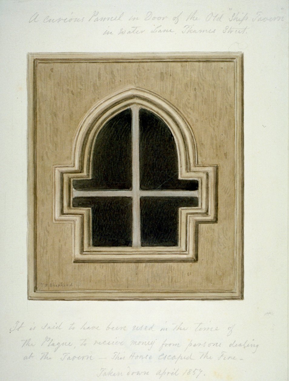 Paneel in de deur van de Ship Tavern, Water Lane, City of London, 1857 door Thomas Hosmer Shepherd