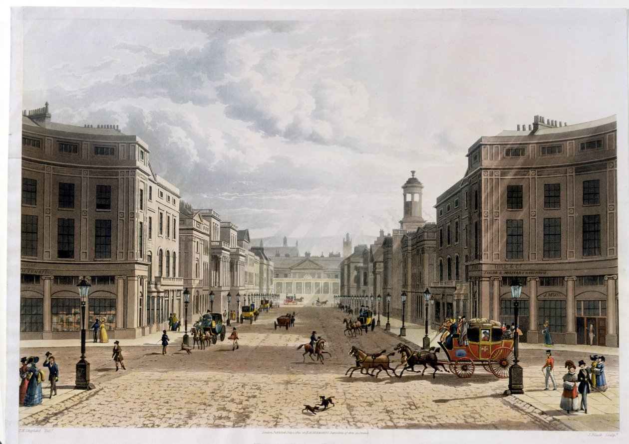 Regent Street, vanaf Piccadilly, gegraveerd door J. Bluck, pub. 1822 door Ackermann