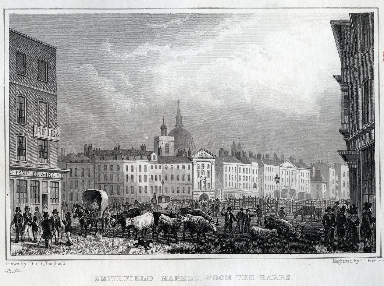 Smithfield Market vanaf de Barrs, gegraveerd door Thomas Barber, c.1830 door Thomas Hosmer Shepherd