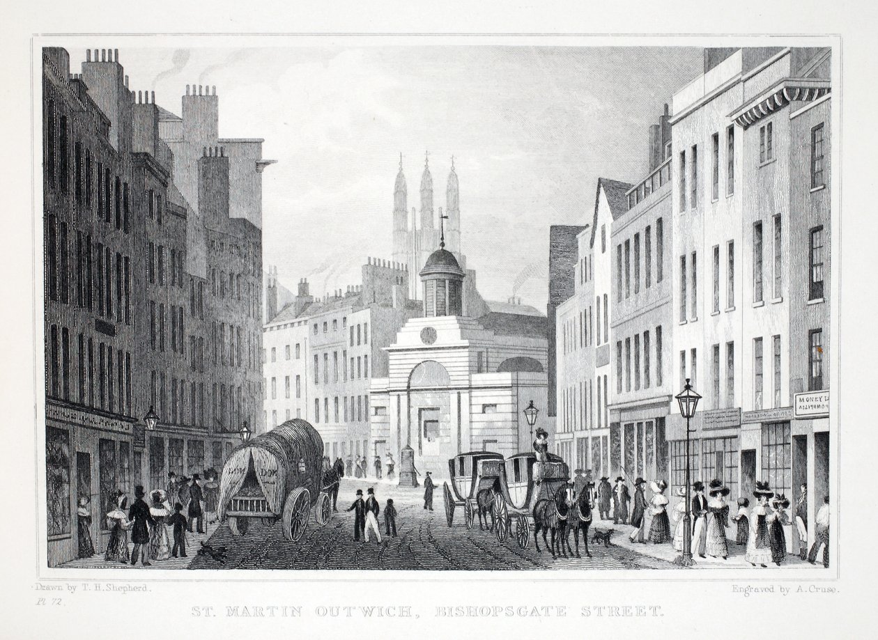St Martin Outwich, Bishopsgate Street, uit Londen en zijn Omgeving in de Negentiende Eeuw, gepubliceerd door Jones en Co., 1827-1829 door Thomas Hosmer Shepherd