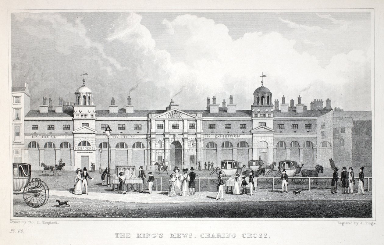 De Koningsstallen, Charing Cross, uit Londen en zijn Omgeving in de Negentiende Eeuw, gepubliceerd door Jones und Co., 1827-1829 door Thomas Hosmer Shepherd