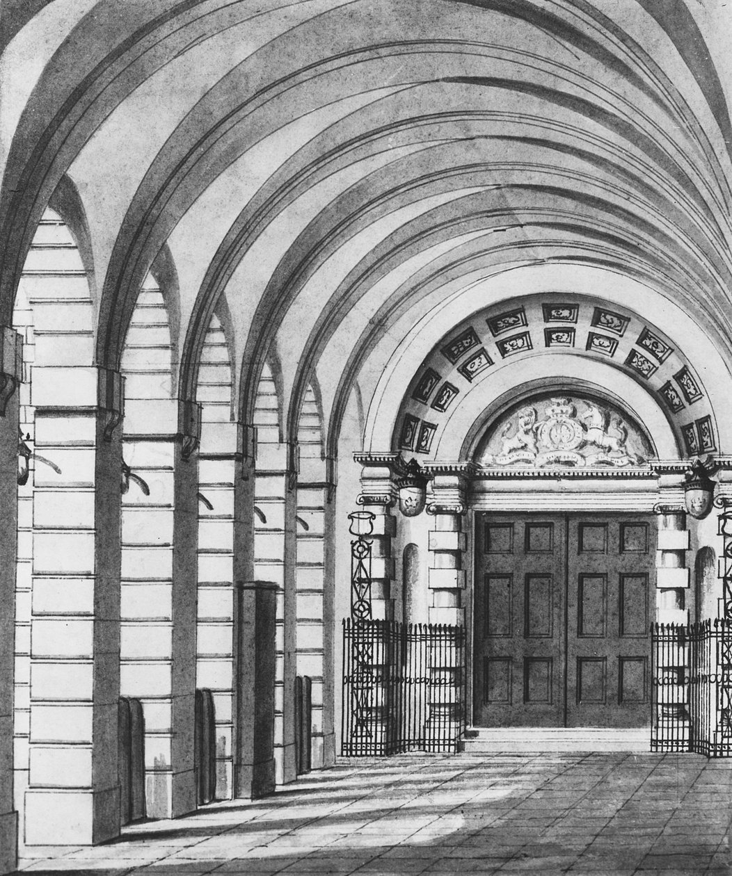 De Piazza-ingang van het Covent Garden Theater in het jaar 1808 (tekening) door Thomas Hosmer Shepherd