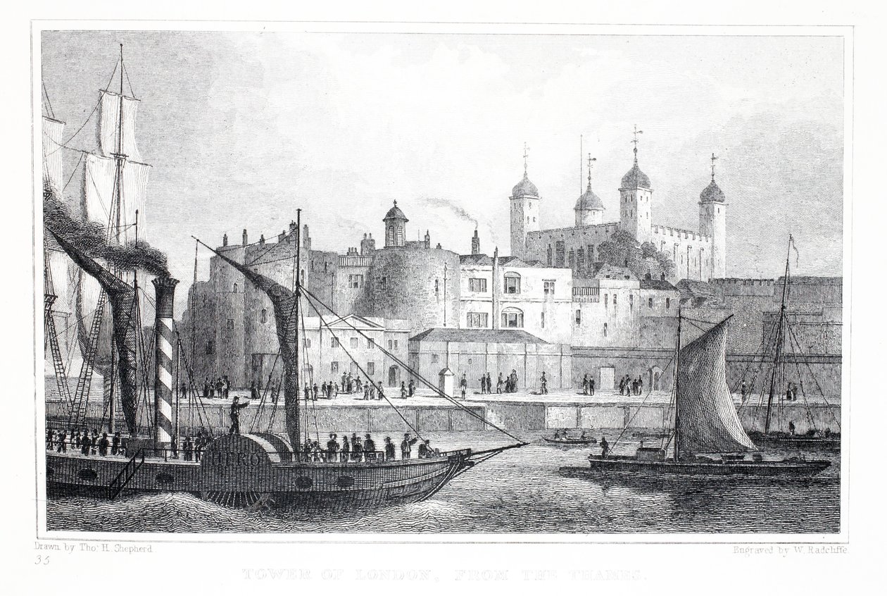 De Tower of London, vanaf de Theems, uit 