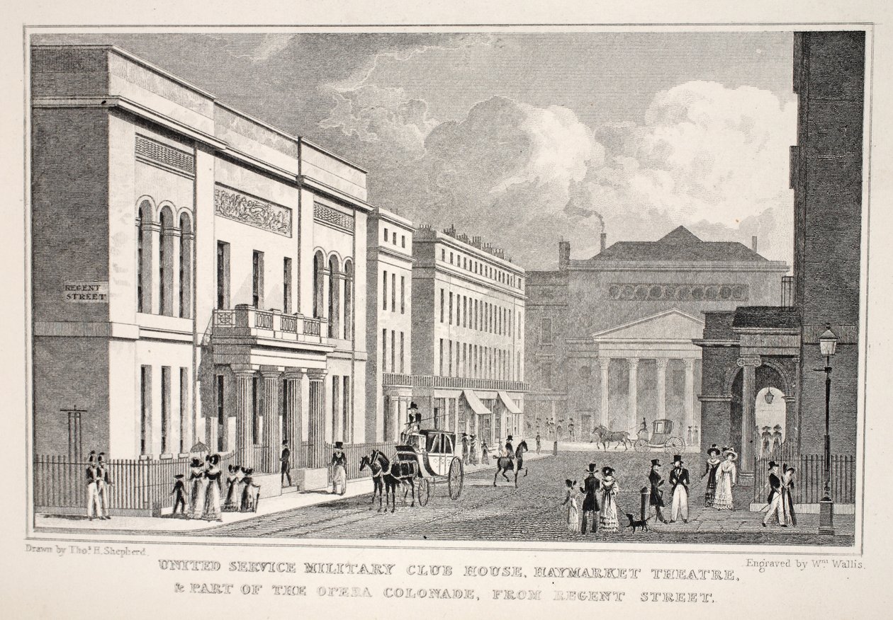 United Service Military Club House, Haymarket Theatre en een deel van de Opera Colonnade vanaf Regent Street, uit 