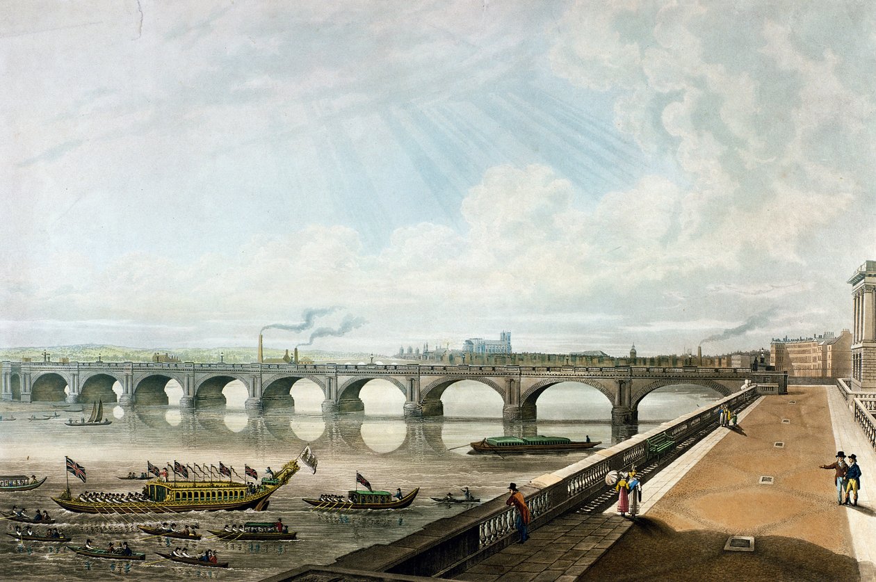 Uitzicht op Waterloo Bridge vanaf het Oostelijke Eind van Somerset House Terrace door Thomas Hosmer Shepherd