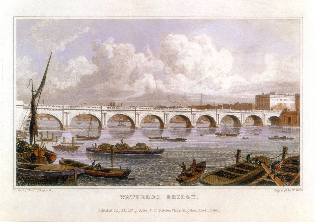 Waterloo Bridge, Londen, over de Theems, 1817 door Thomas Hosmer Shepherd