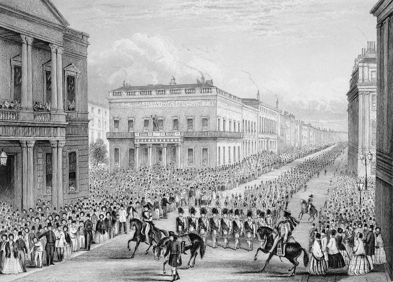 Begrafenisstoet van Wellington die langs de Senior United Service Club trekt, Pall Mall, Londen, 1852 door Thomas Hosmer Shepherd