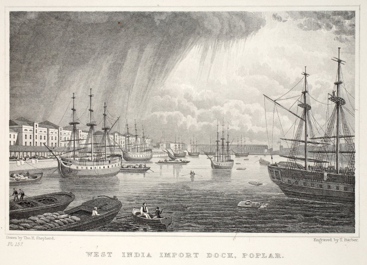 West India Docks, Isle of Dogs, uit Londen en zijn omgeving in de negentiende eeuw, uitgegeven door Jones en Co., 1827-1829 door Thomas Hosmer Shepherd