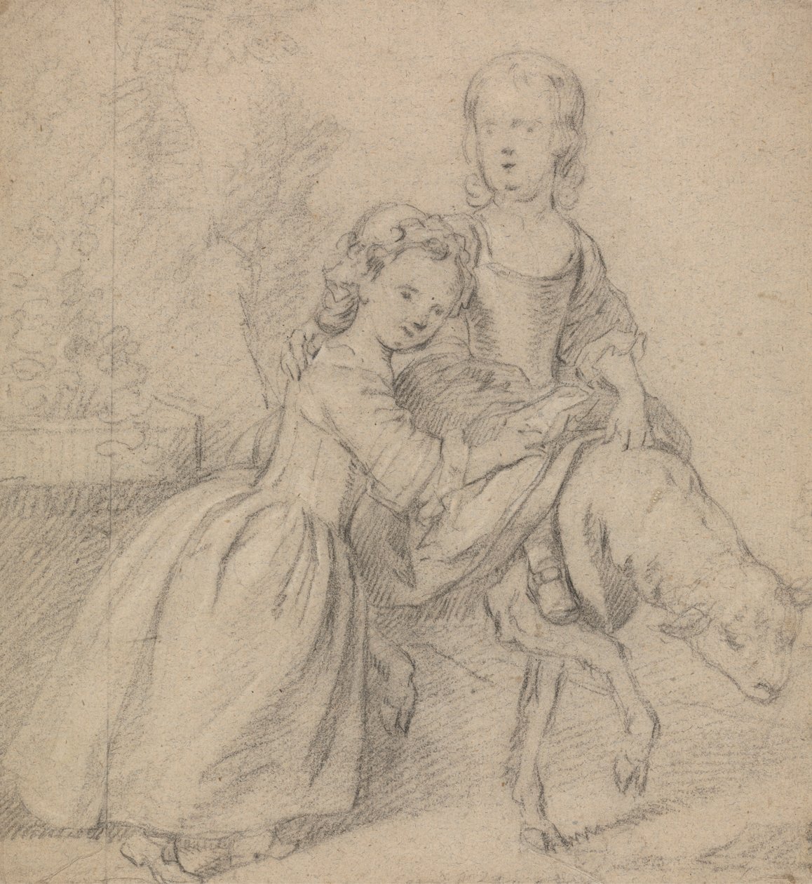 Twee meisjes in een landschap, een rijdend op een lam door Thomas Hudson