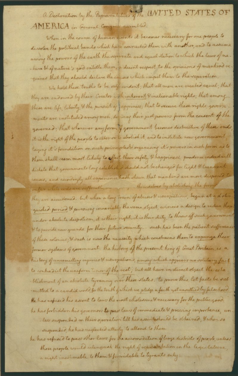 Ontwerp van de Onafhankelijkheidsverklaring, 4 juli 1776 door Thomas Jefferson