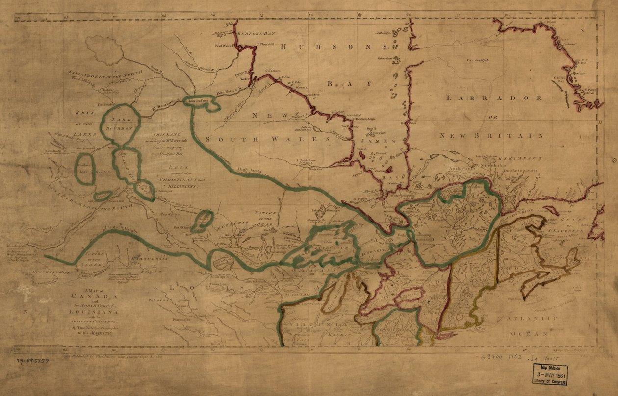 Een kaart van Canada en het noordelijke deel van Louisiana met de aangrenzende landen. LOC 73695757 door Thomas Jefferys
