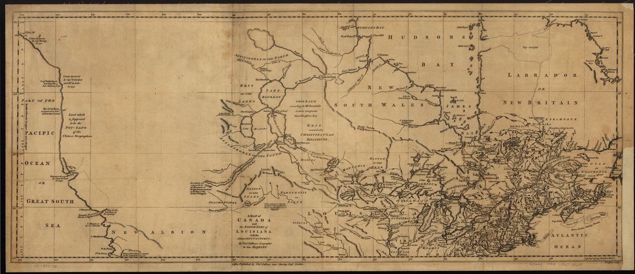 Een kaart van Canada en het noordelijke deel van Louisiana met de aangrenzende landen. LOC 73695758 door Thomas Jefferys