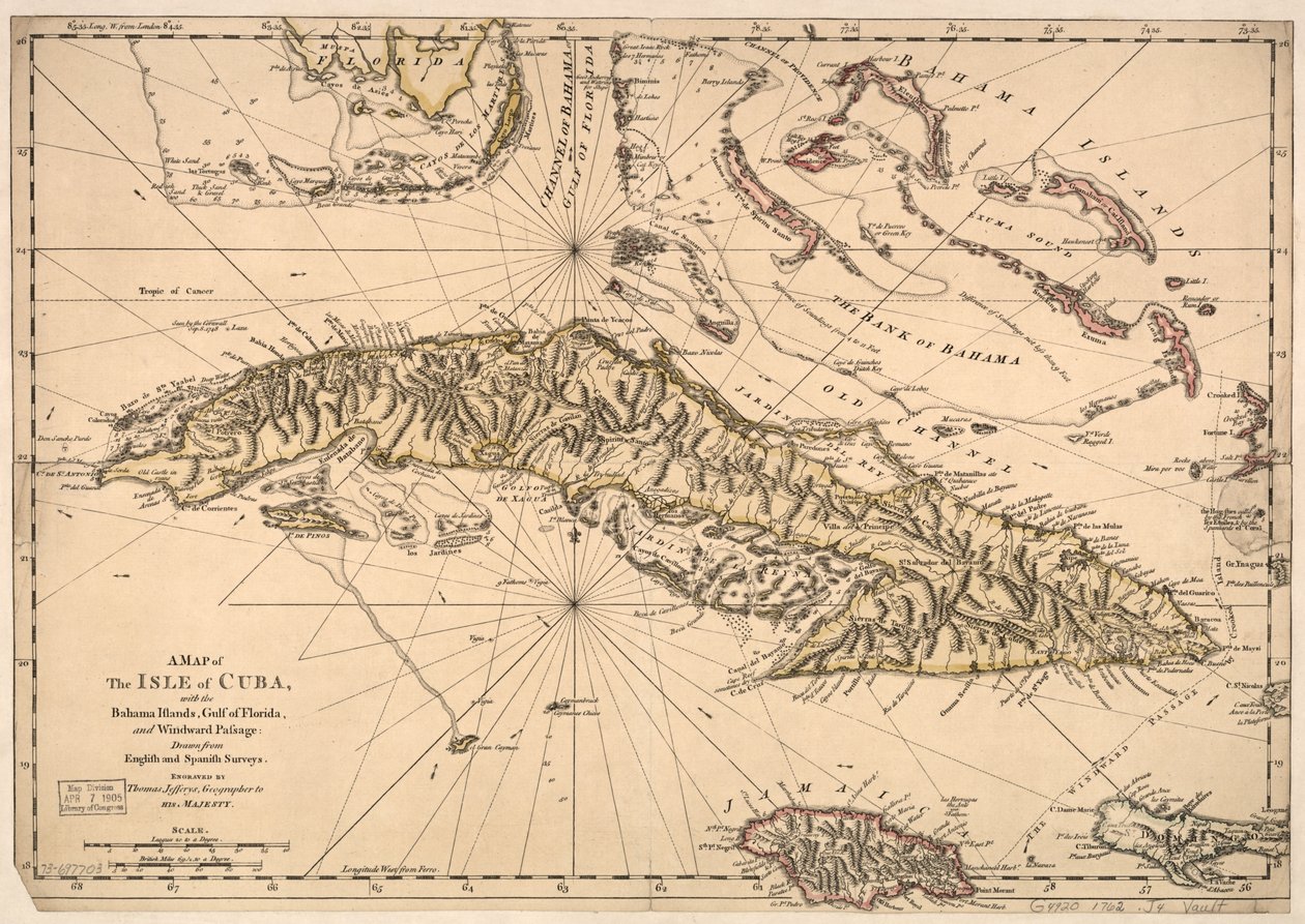 Een kaart van het eiland Cuba, met de Bahama-eilanden, de Golf van Florida en de Bovenwindse Doorvaart - Opgesteld uit Engelse en Spaanse onderzoeken. LOC 73697703 door Thomas Jefferys