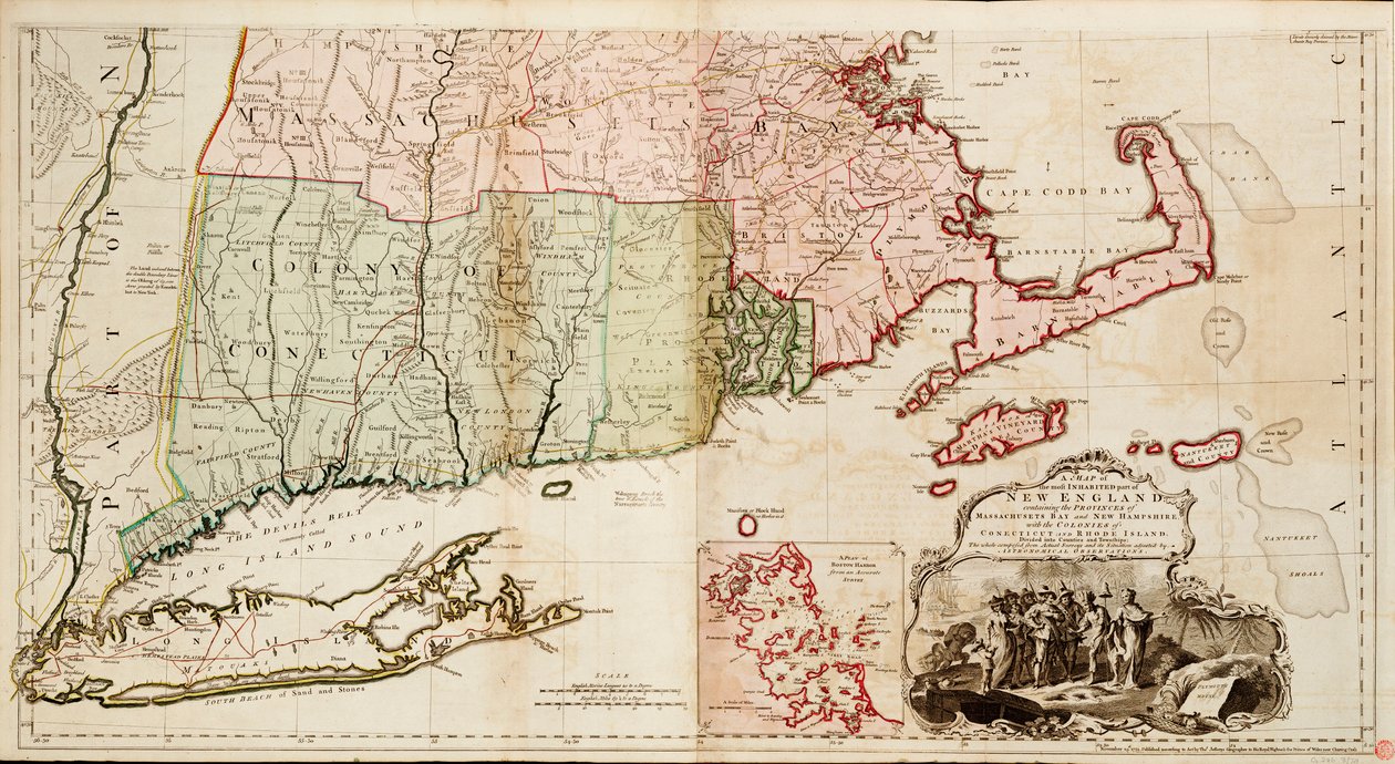Een kaart van het meest bewoonde deel van New England, met de provincies Massachusetts Bay en New Hampshire met de koloniën Connecticut en Rhode Island door Thomas Jefferys