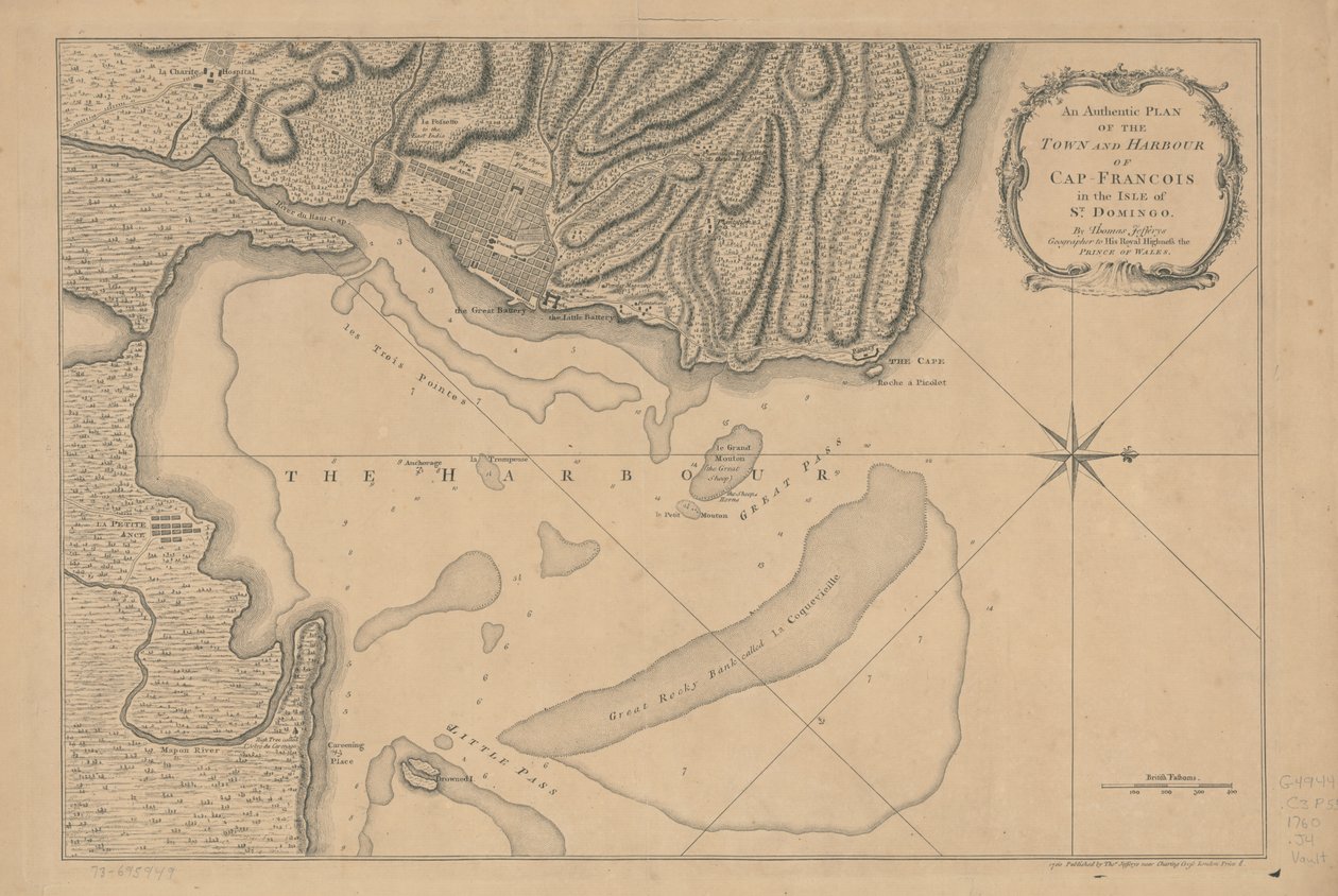 Een authentieke plattegrond van de stad en de haven van Cap-François op het eiland St. Domingo. LOC 73695949 door Thomas Jefferys