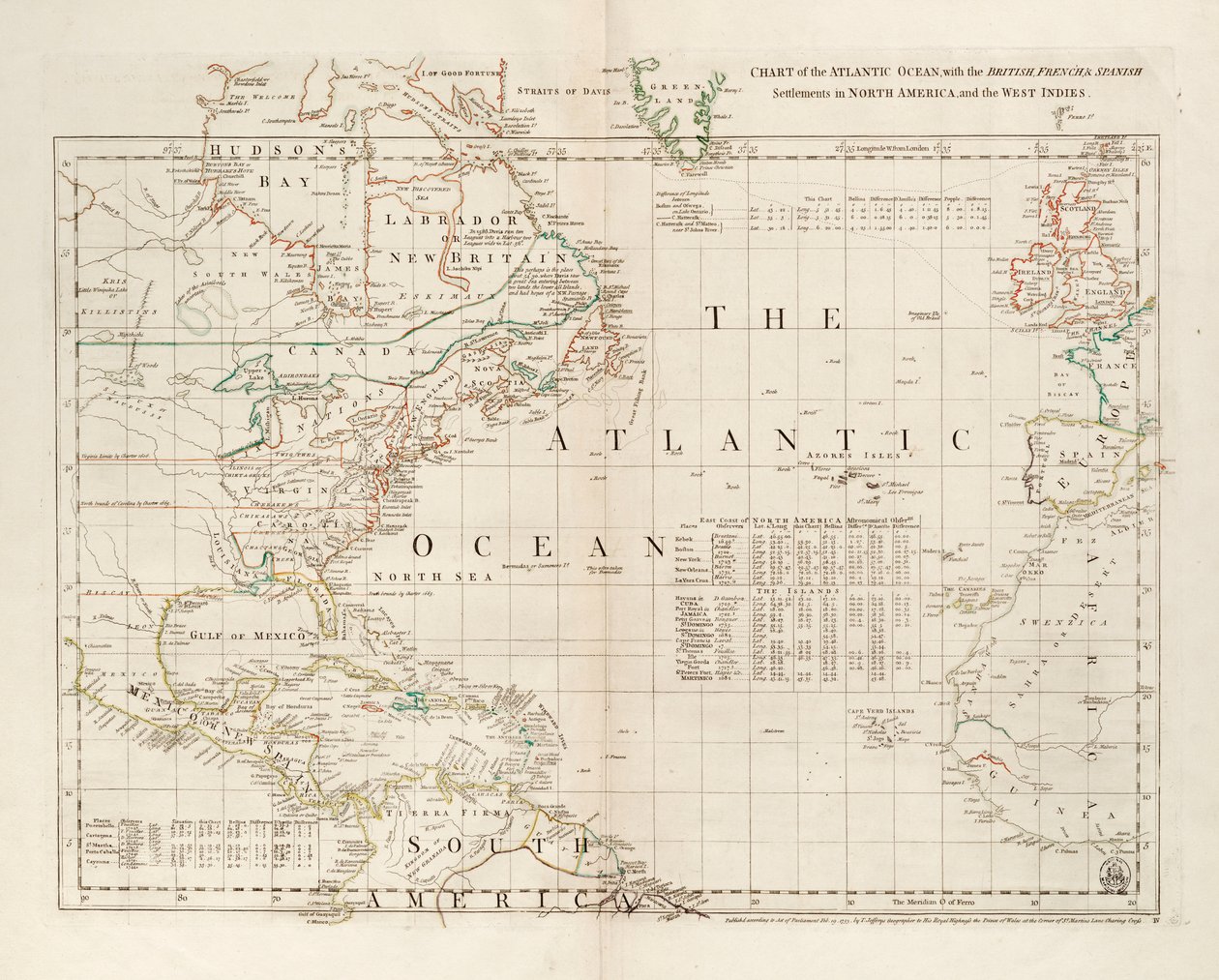 Kaart van de Atlantische Oceaan, met de Britse, Franse en Spaanse nederzettingen in Noord-Amerika en de West-Indië door Thomas Jefferys