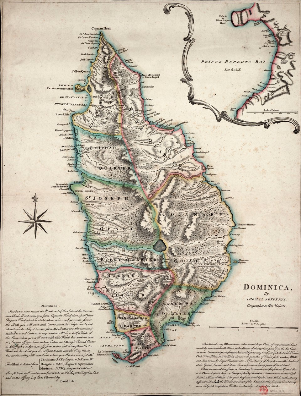 Kleurkaart van Dominica met gedetailleerde geografische observaties, ca. 1760 (handgekleurde gravure) door Thomas Jefferys