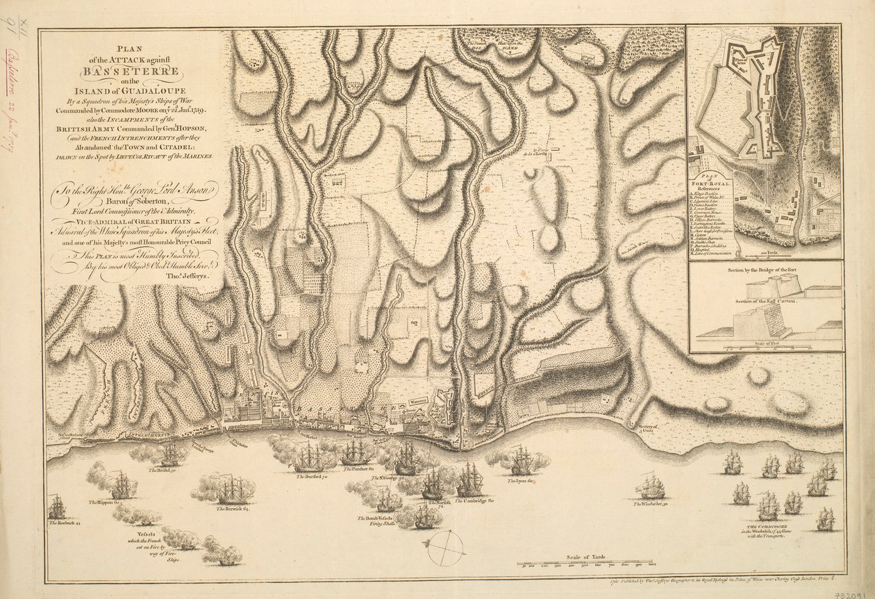 PLAN van de aanval op BASSETERRE op het EILAND GUADALOUPE door een eskader van Zijne Majesteits Oorlogsschepen onder commando van commodore MOORE op 22 januari 1759. Ook de INCAMMENTEN van het BRITSE leger onder commando van generaal HOPSON en de FRANSE IN door Thomas Jefferys
