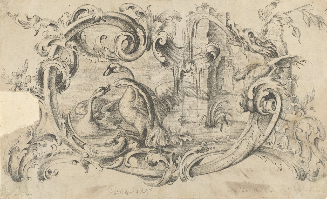 Ontwerp voor een tablet voor een schoorsteenstuk met twee zwanen in gevecht, omsloten door een scroll door Thomas Johnson