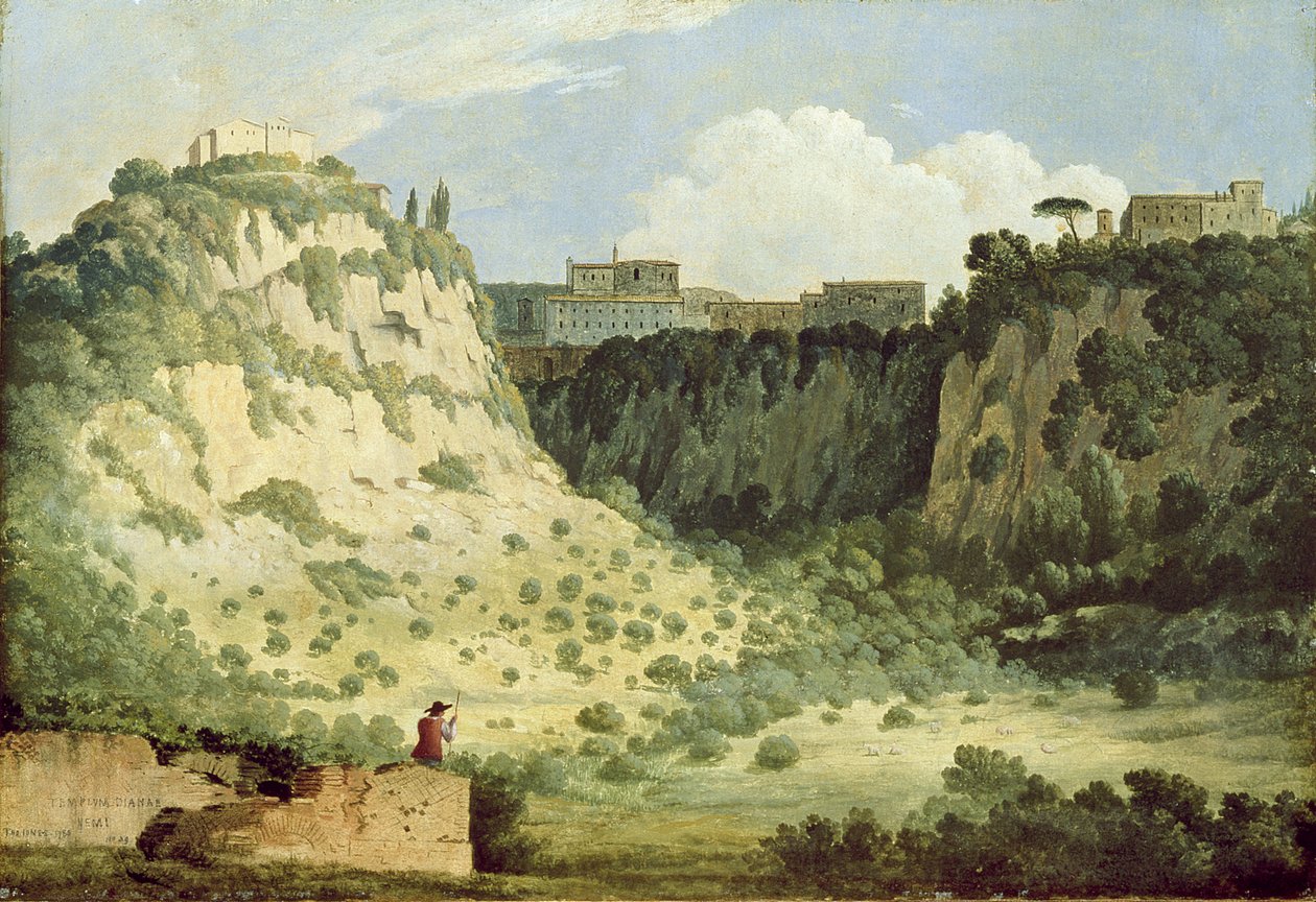 Uitzicht op de Tempel van Diana, Nemi, met een herder op de voorgrond, 1785 door Thomas Jones
