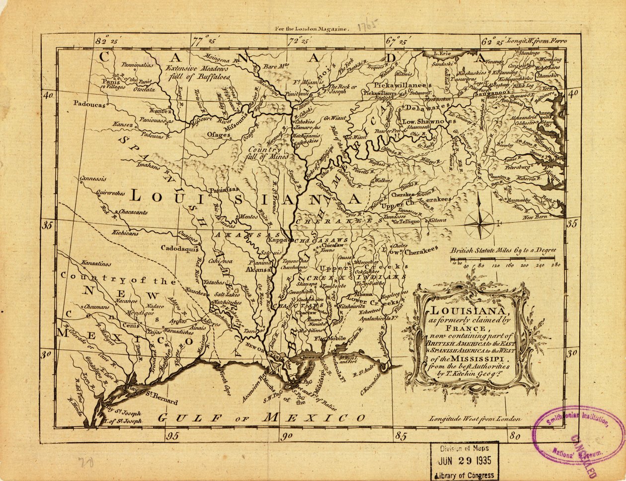 Louisiana, zoals vroeger geclaimd door Frankrijk, dat nu een deel van Brits Amerika ten oosten en Spaans Amerika ten westen van de Mississippi omvat. LOC 77690498 door Thomas Kitchin