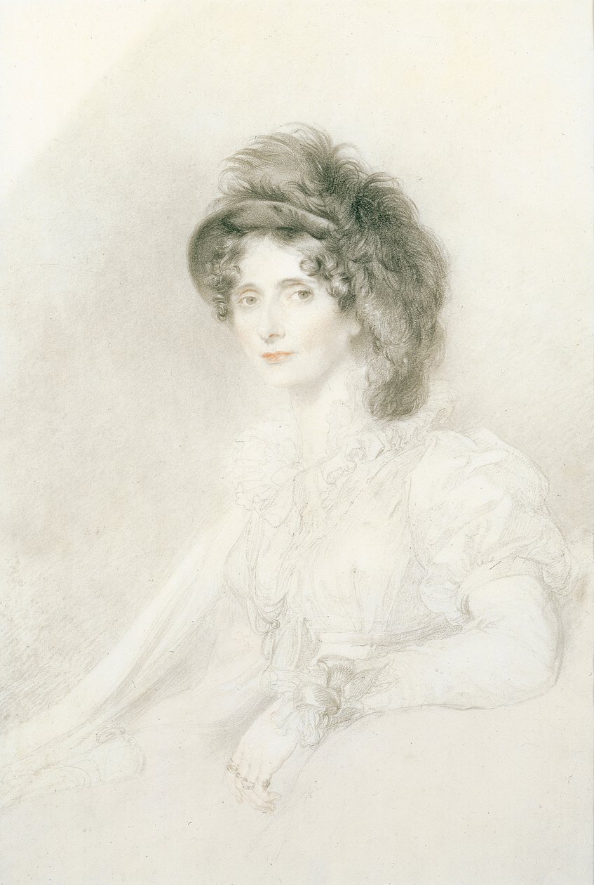 Portret van Elizabeth, Hertogin van Devonshire (1758-1824), zittend, halflang, met een grote gevederde hoed door Thomas Lawrence
