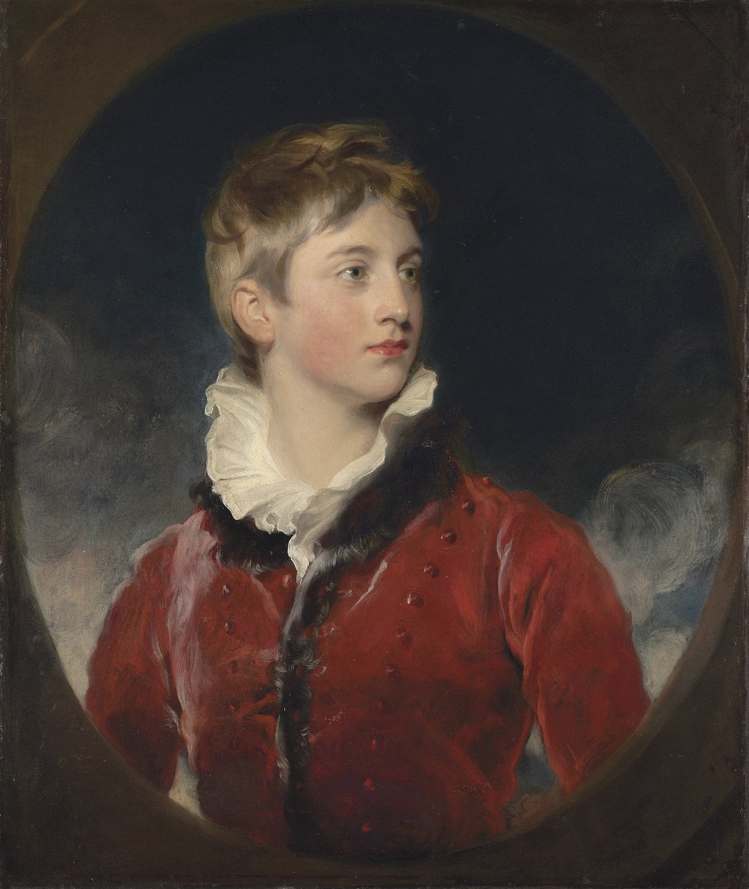 Portret van Frederick William Stewart, 4e Markies van Londonderry, K.P., M.P. (1805-1872) als jongen, halflang, in een rode jas, in een gefingeerd ovaal door Thomas Lawrence