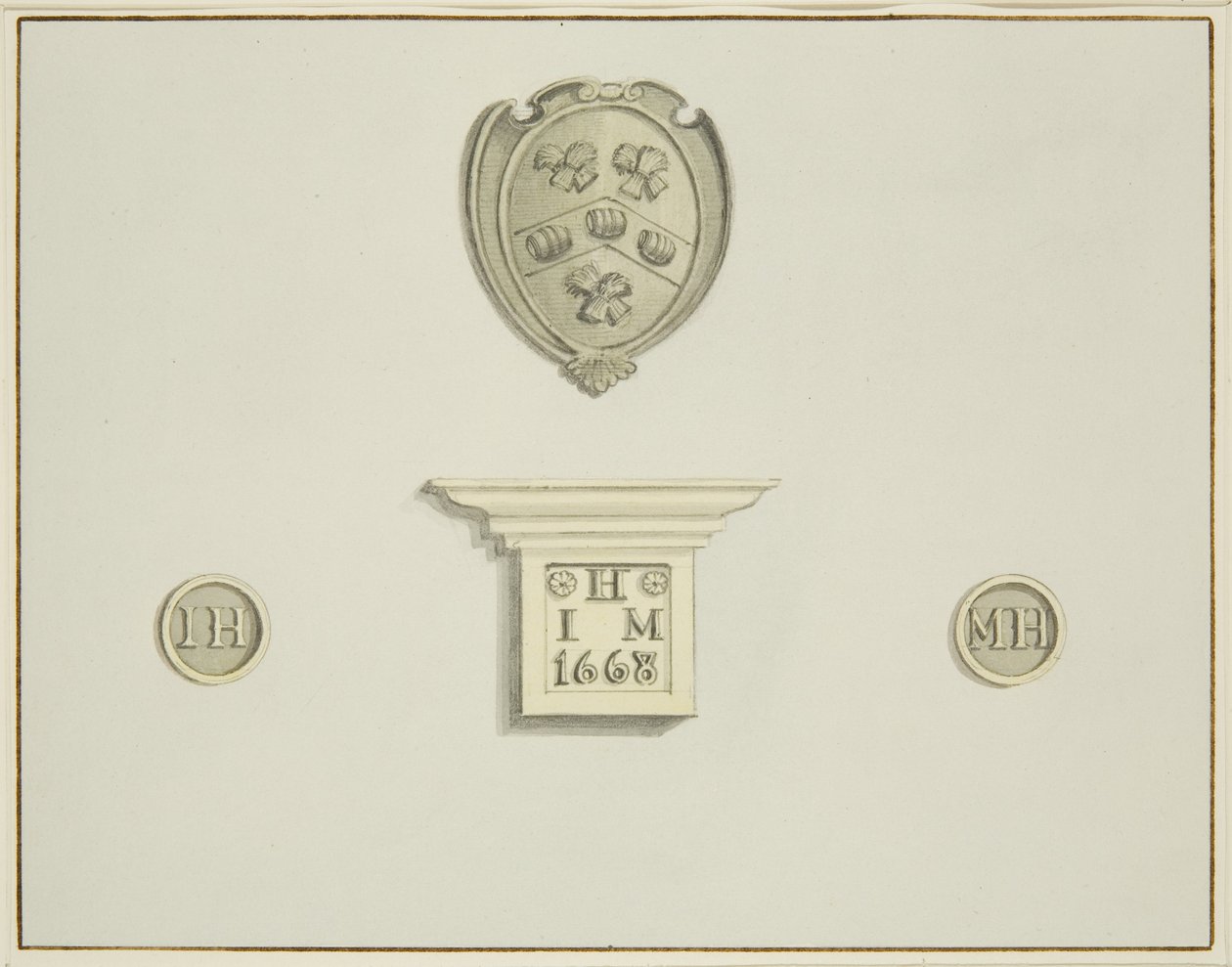 Brouwerswapens en andere details, op schoorsteenmantel bij Tempelstraat 13 door Thomas Leeson the Elder Rowbotham