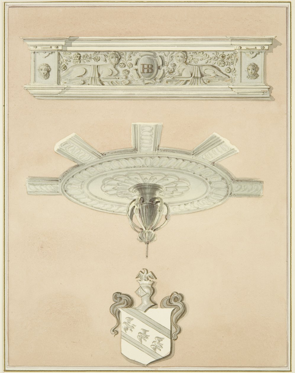Details van kamer in de Law Library, inclusief centraal plafondornament en kroonlijst door Thomas Leeson the Elder Rowbotham