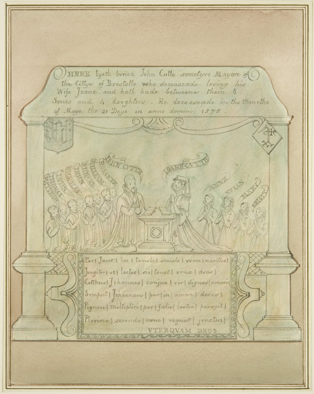 Muurtablet van John Cutte in Burnett Church door Thomas Leeson the Elder Rowbotham