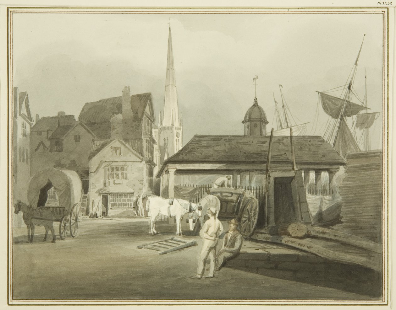 Noordoostelijke Eind van King Street, met de Welshe Markt in 1802 door Thomas Leeson the Elder Rowbotham