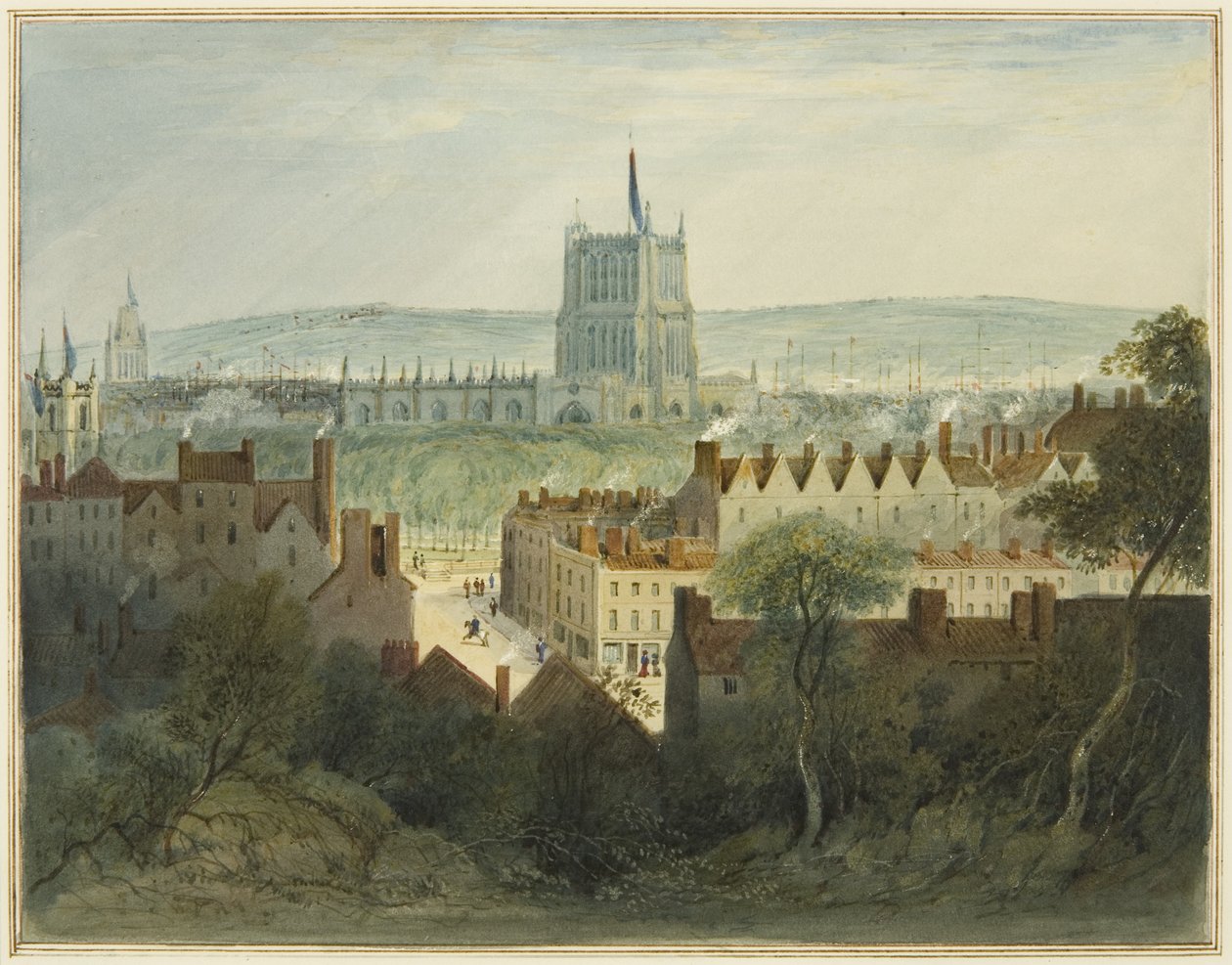 De Kathedraal, College Green en College Street door Thomas Leeson the Elder Rowbotham