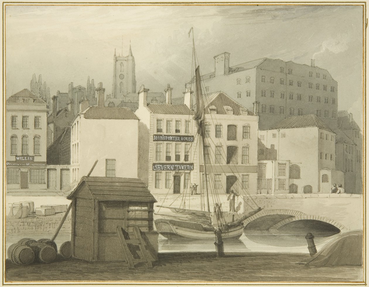 De stenen brug aan het hoofd van de kade (St Giles