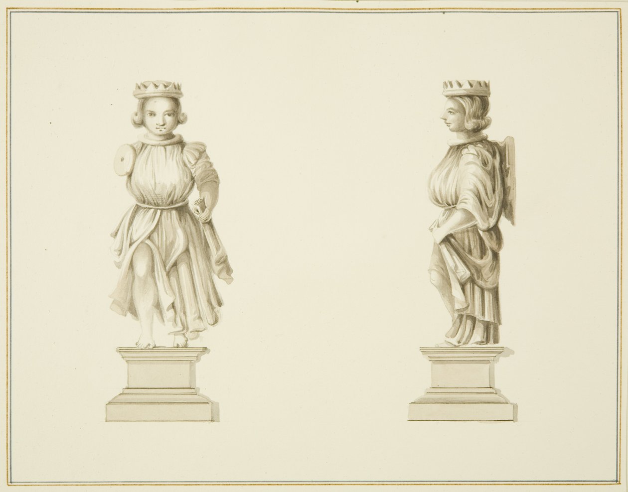 Twee uitzichten van een gesneden houten figuur in de sacristie van St John