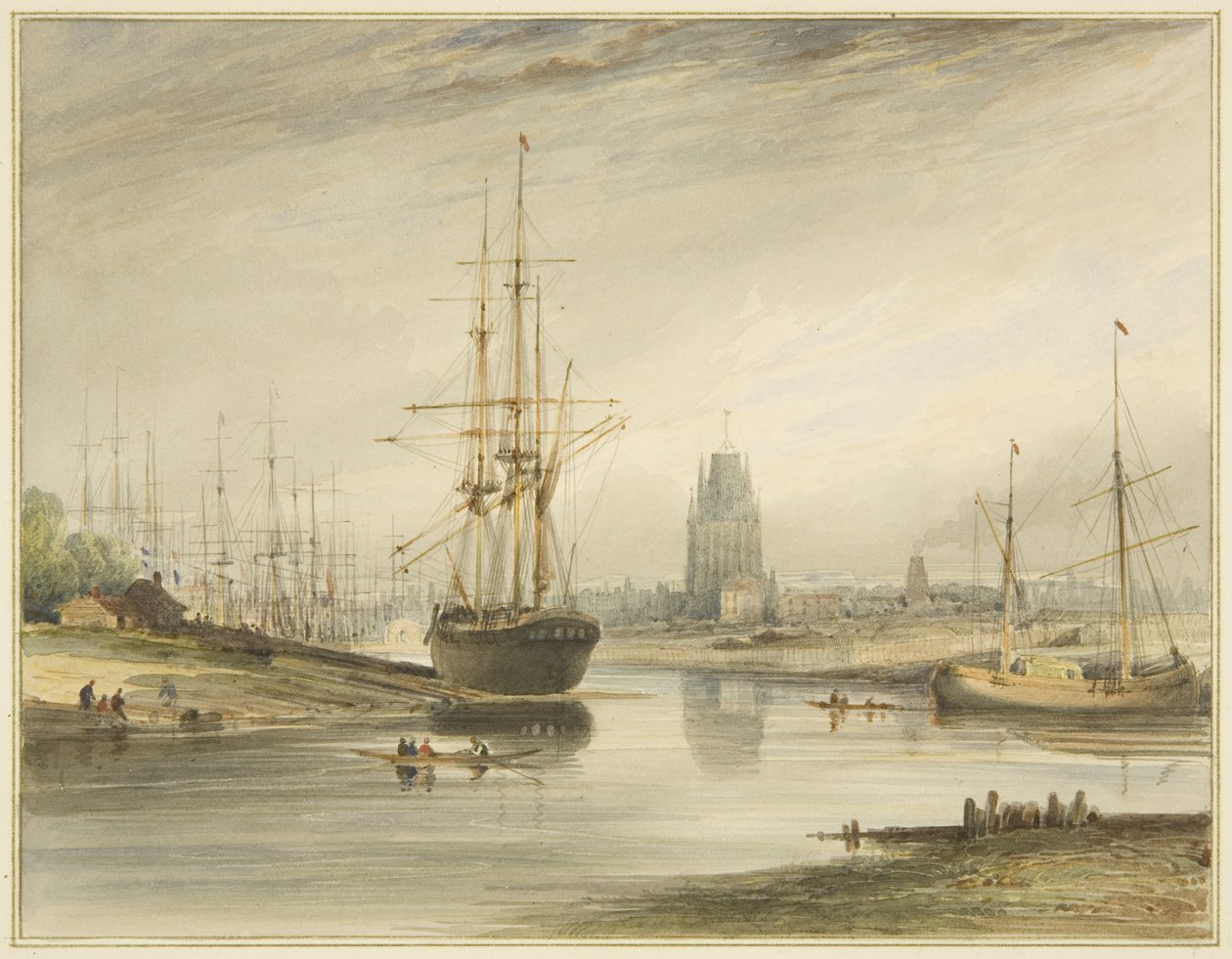 Uitzicht stroomopwaarts, genomen vanaf beneden de Touwslagerij en Wapping, ca. 1804 door Thomas Leeson the Elder Rowbotham