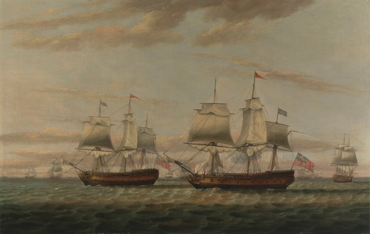 Een Indiaman en een Tweedekker Hove to, Zogenaamd Thomas Dumar, Esq. in H.M. Schip 