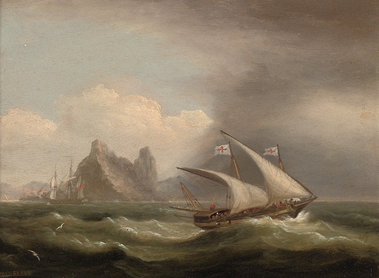 Een gewapende Xebec in de Middellandse Zee, een Britse fregat achter haar en langs een rotsachtige kust, 1822 door Thomas Luny