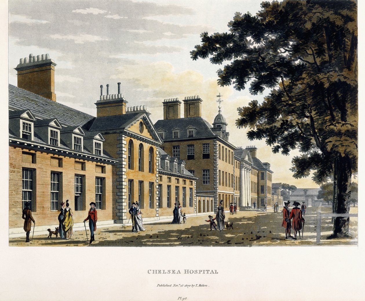 Chelsea Ziekenhuis, uit "Een Pittoreske Tour door de Steden Londen en Westminster Geïllustreerd", 1792-1801 door Thomas Malton Jnr.