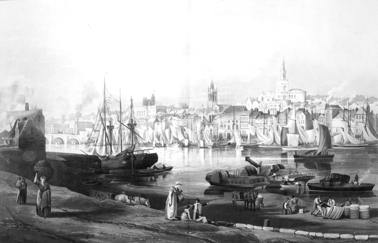 Uitzicht op de haven en stad Newcastle upon Tyne, vanaf de Rope Walk, Gateshead, gegraveerd door Robert Havell, 1819 door Thomas Miles Richardson