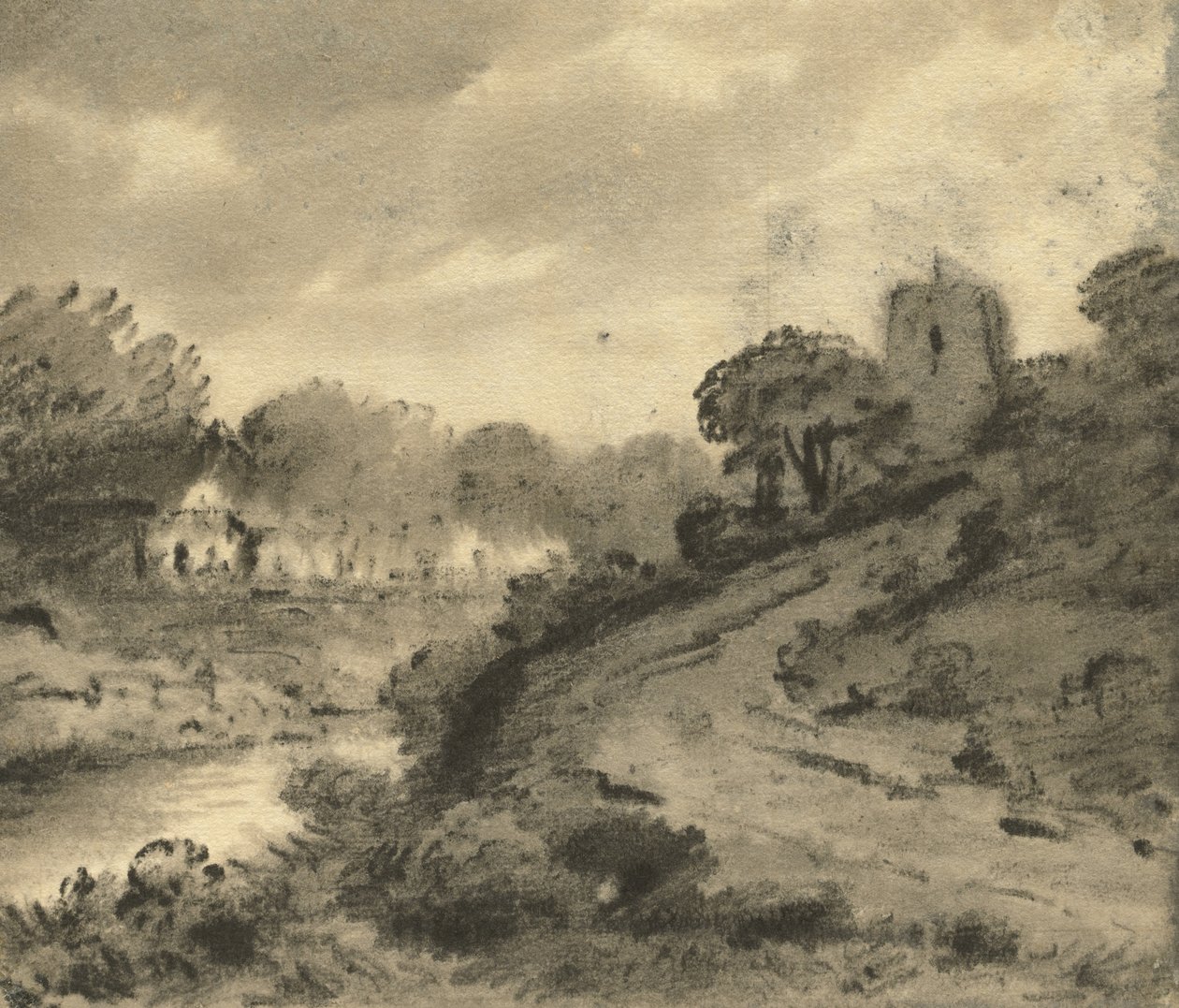 Bosrijk rivierlandschap met een rots op de voorgrond door Thomas Monro