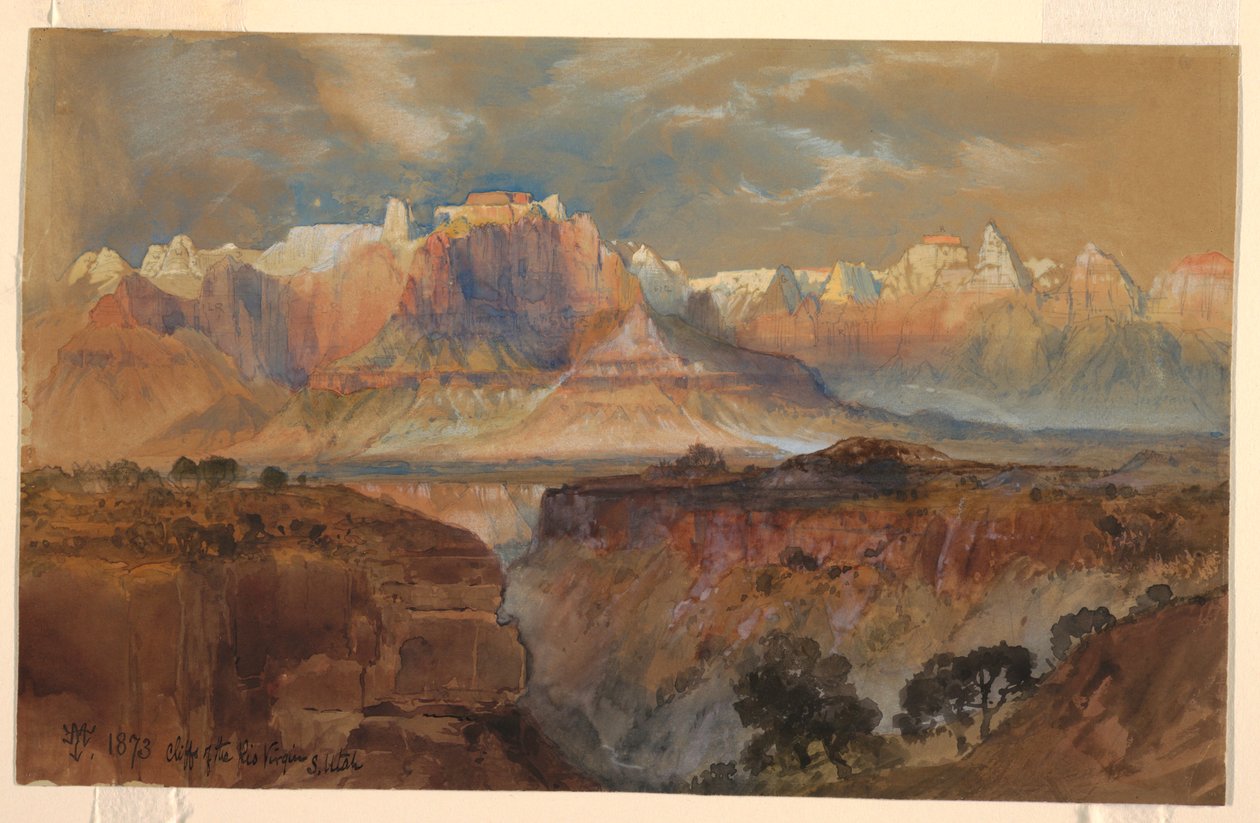 Tekening, Kliffen van de Rio Virgin, Zuid-Utah, 1873 door Thomas Moran