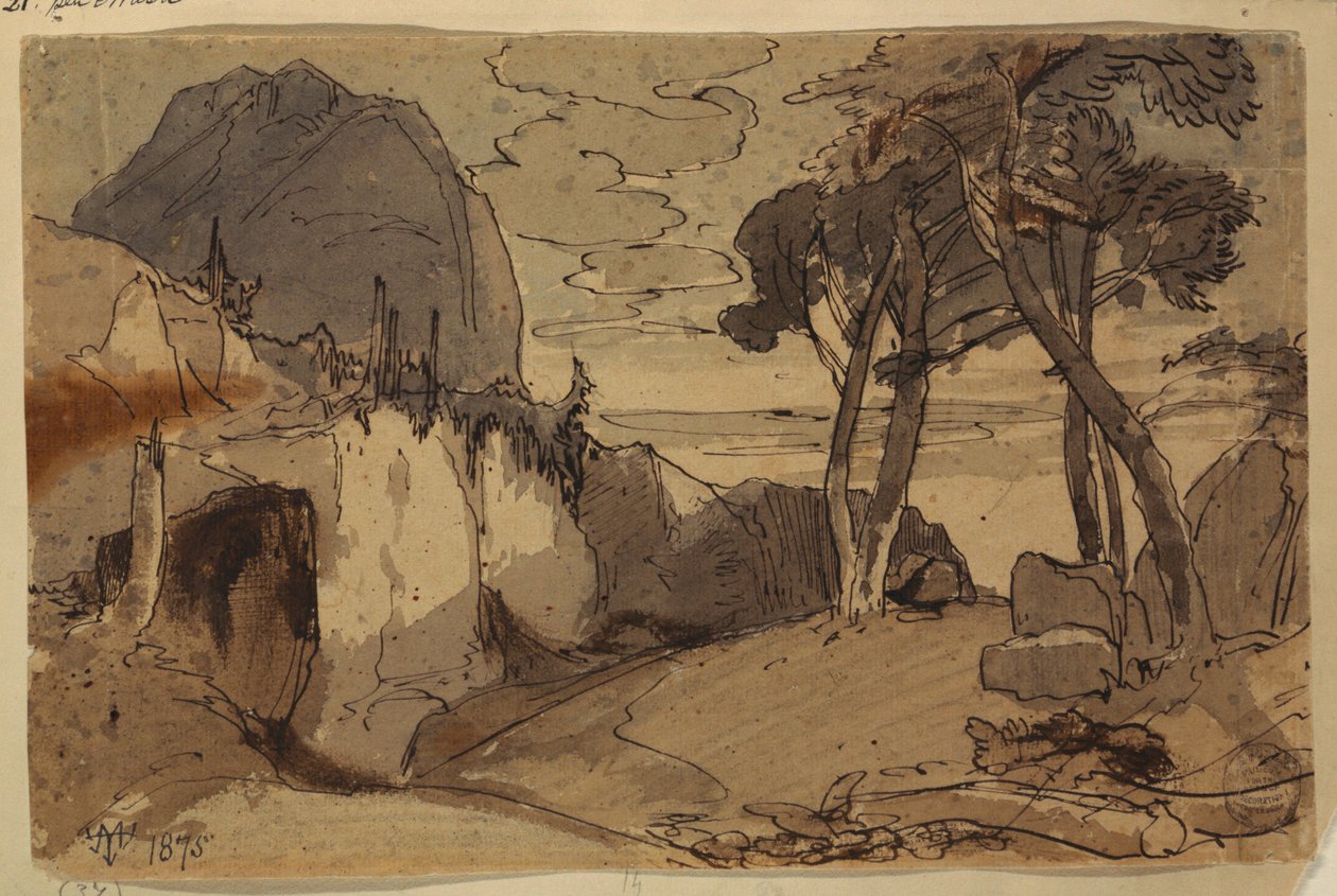 Tekening, Weg in een berglandschap, 1875 door Thomas Moran