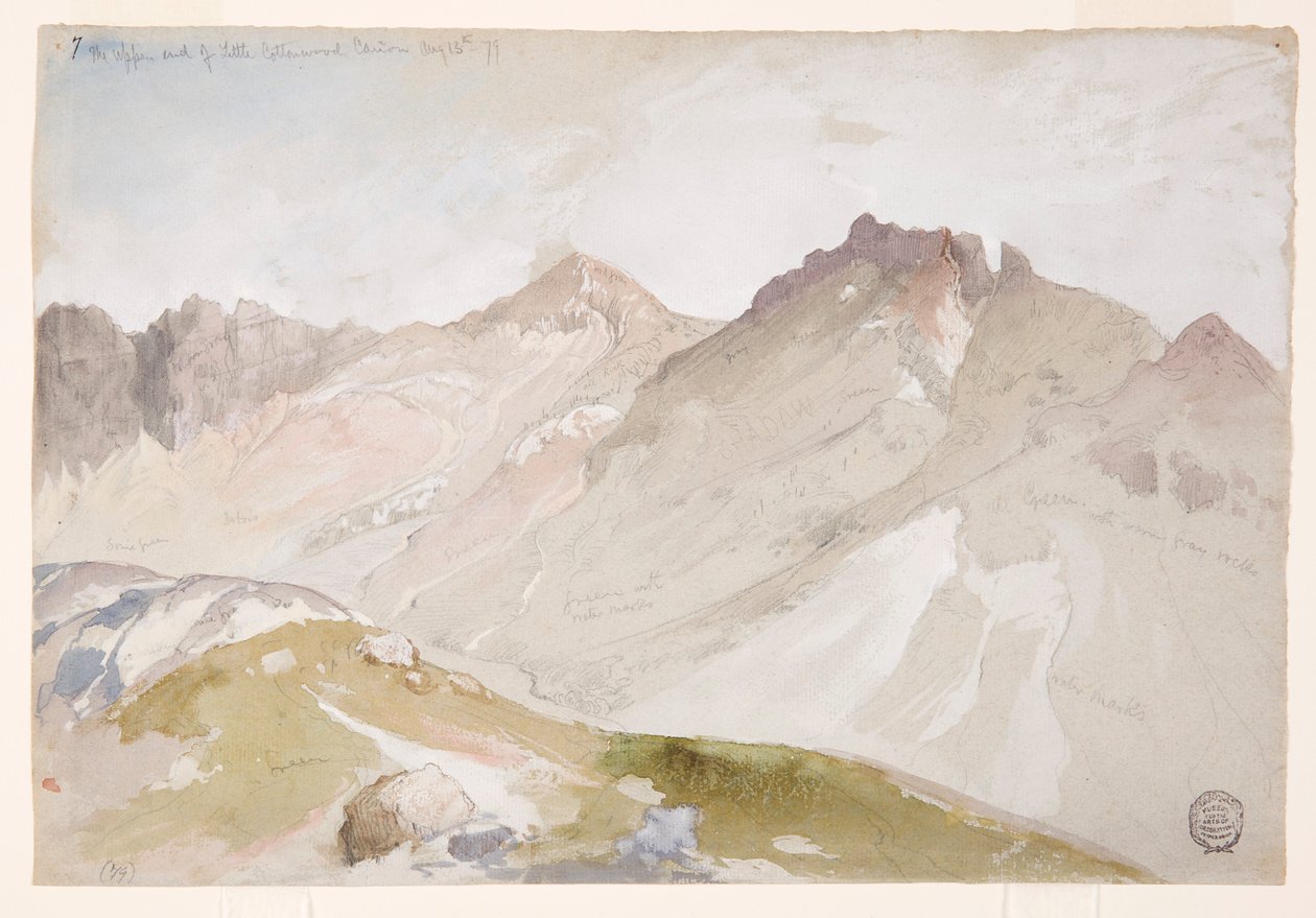 Tekening, The Upper End of Little Cottonwood Canyon, Wasatch Range, bij Ogden, Utah, 13 augustus 1879 door Thomas Moran
