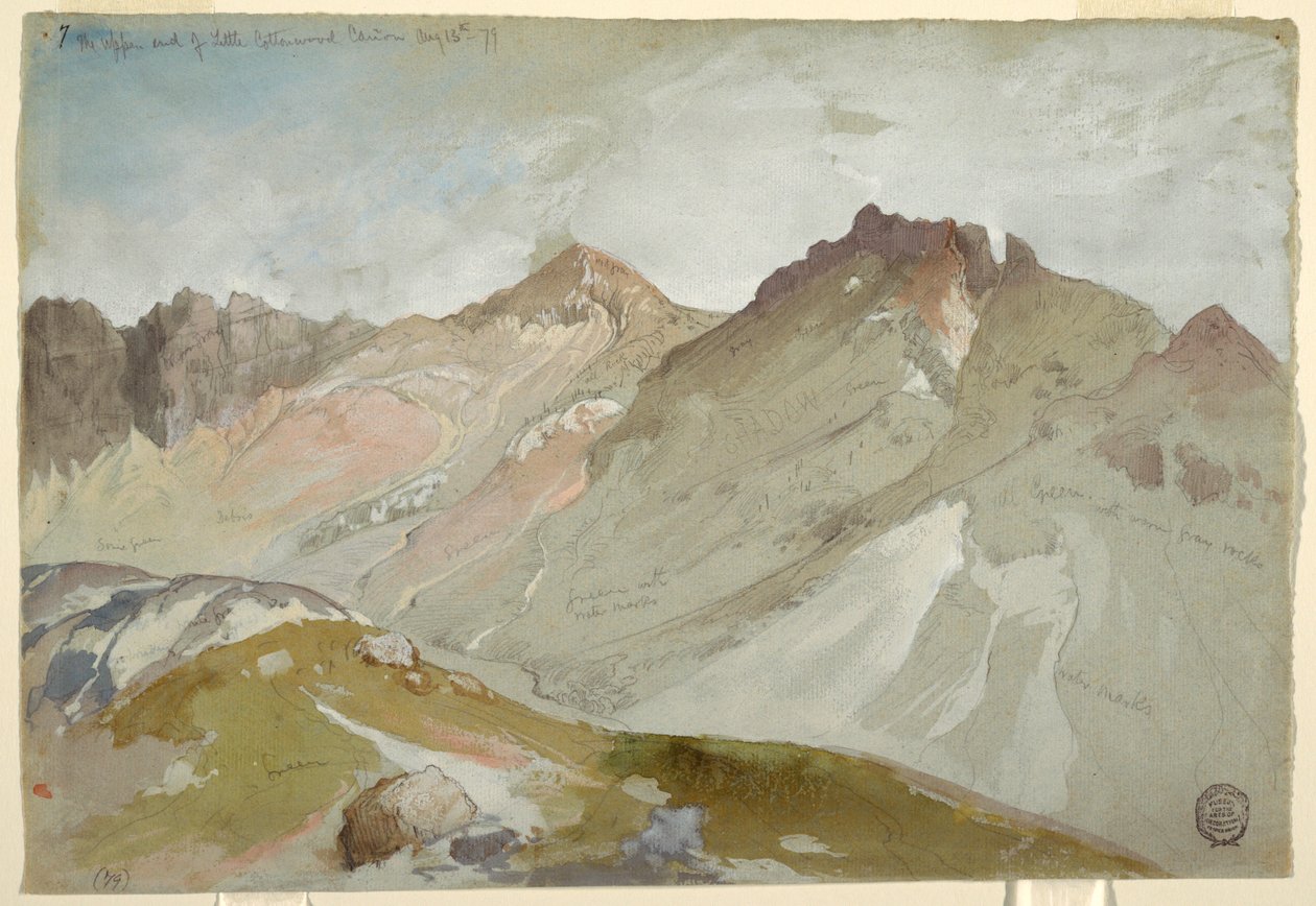 Tekening, The Upper End of Little Cottonwood Canyon, Wasatch Range, bij Ogden, Utah, 13 augustus 1879 door Thomas Moran