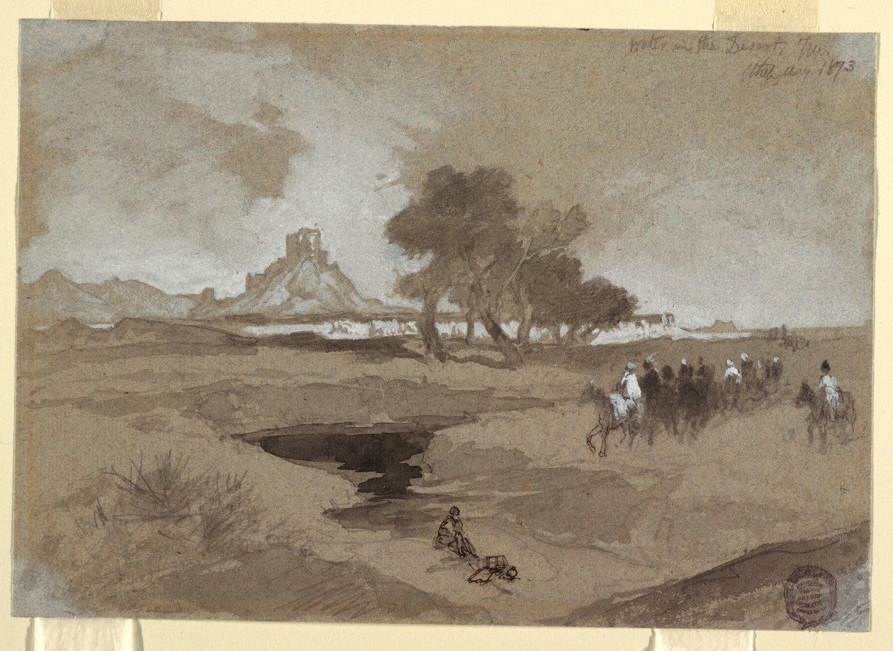 Tekening, Waterpoel in de woestijn, Utah, 1873 door Thomas Moran