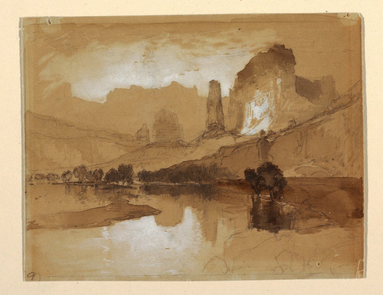 Tekening, Yellowstone onder de watervallen, waarschijnlijk 1871 door Thomas Moran