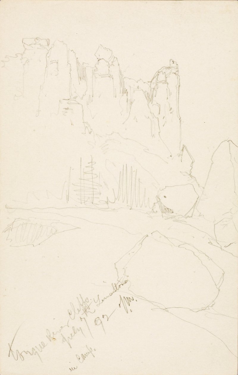 Tongue River Cliffs (In Camp) door Thomas Moran